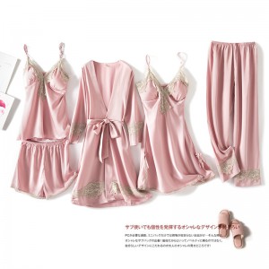 P105 冰絲綢睡衣5件套裝/5色/M-XL